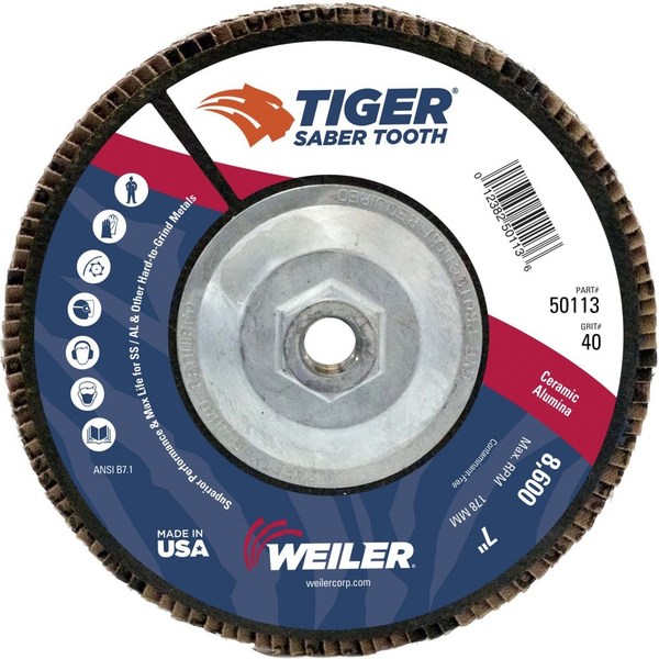 Weiler 7" Tiger Ceramic Abrasive Flap Disc, Conical (TY29), 40C, 5/8"-11 UNC 50113
